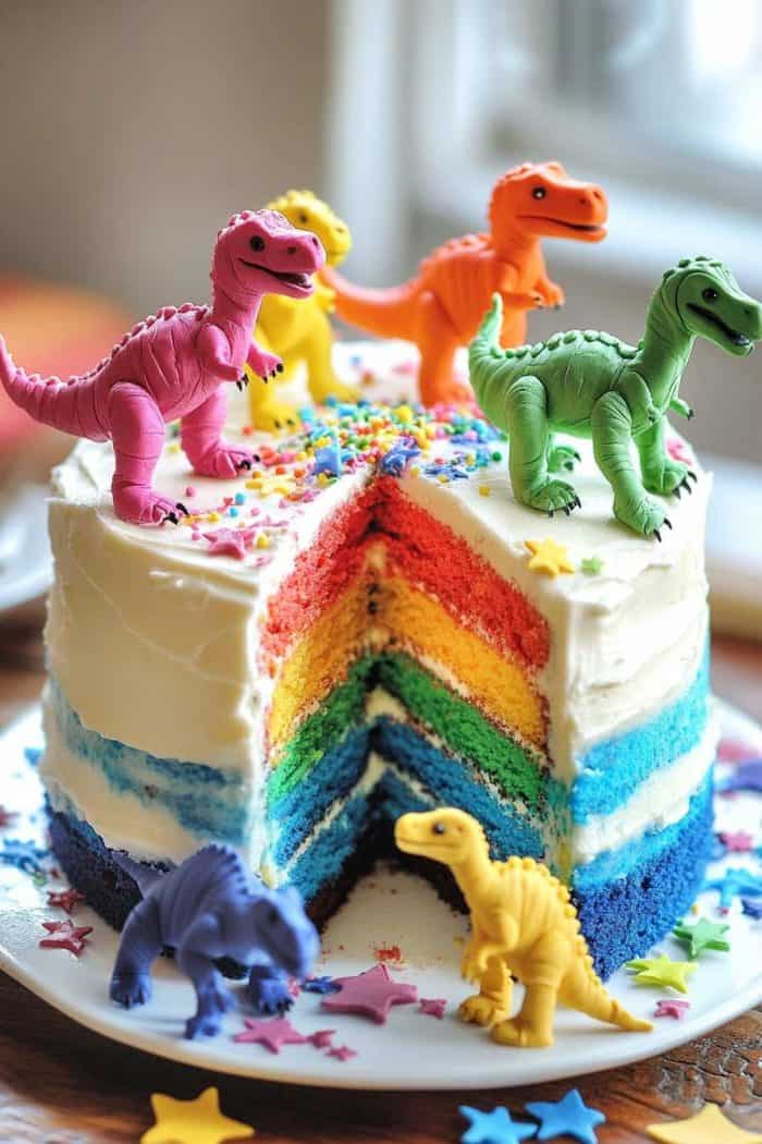 A rainbow layer cake with white frosting, decorated with colorful sprinkles and plastic dinosaur toys. A large slice has been cut out, revealing the vibrant internal layers.