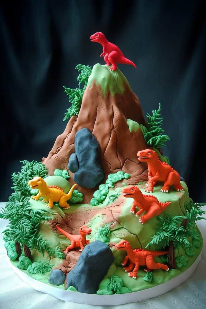 A multi-tiered, dinosaur-themed cake features colorful dinosaur figures and greenery around a mountain-like structure on a white base.