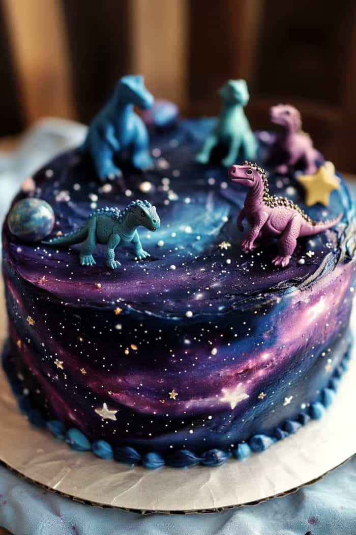A cake decorated with a galaxy theme and topped with small toy dinosaurs and stars.