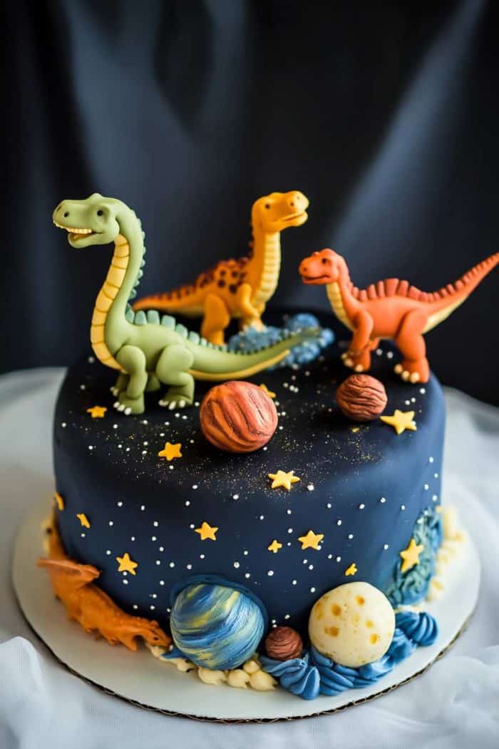 A dark blue cake decorated with stars, planets, and three colorful dinosaur figures on top.