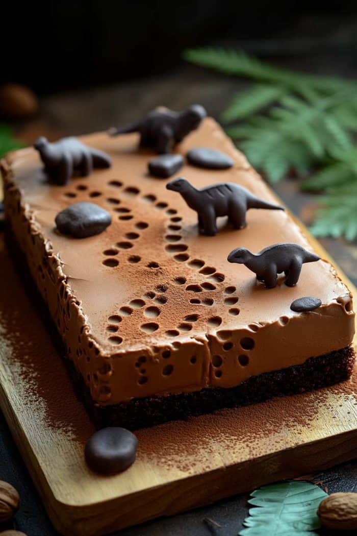 A rectangular chocolate cake decorated with edible dinosaur figures, dinosaur-shaped footprints, and edible rocks. 