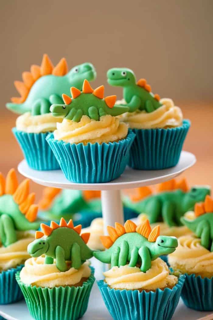 A tiered cupcake stand holds vanilla cupcakes with blue wrappers, each topped with green dinosaur-themed decorations.