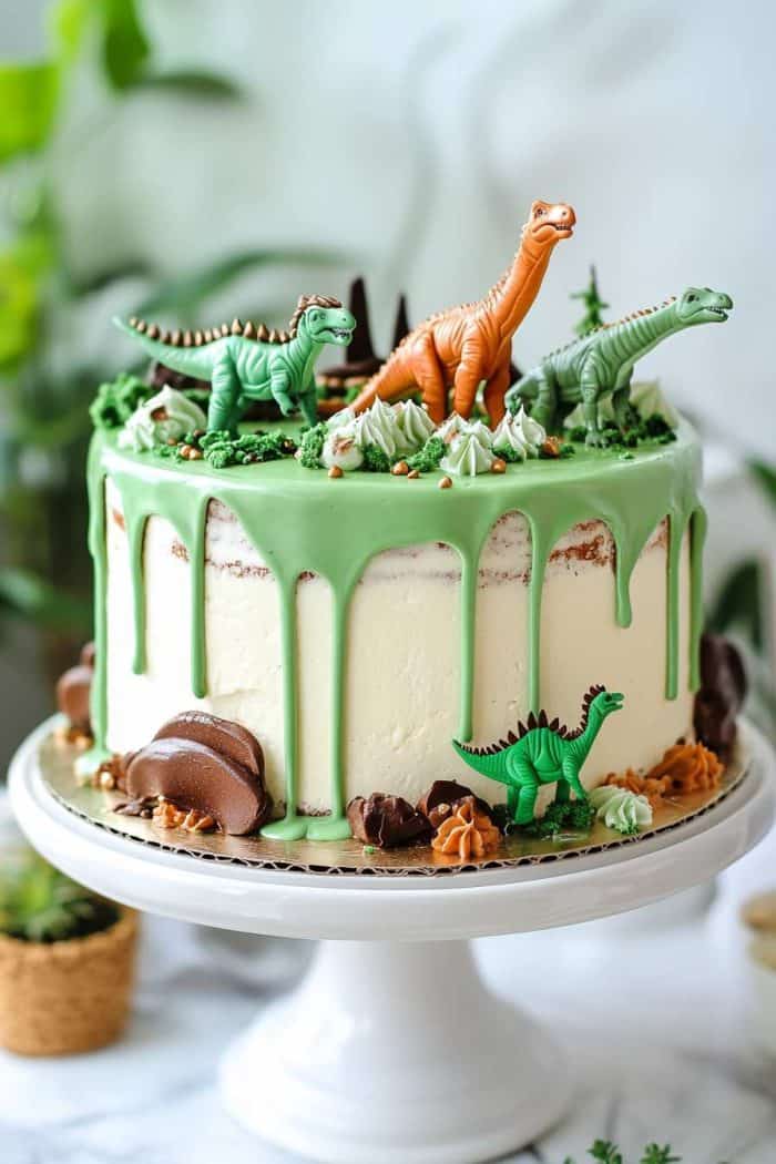 A cake with white frosting and green drip features dinosaur figurines. The decorations include several types of dinosaurs.
