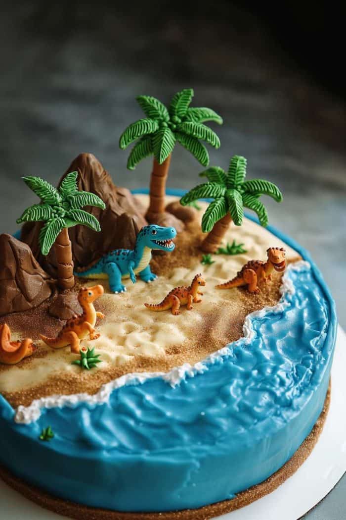 A round cake decorated with an ocean theme, featuring blue waves, sand, rocks, palm trees, and various dinosaur figurines.