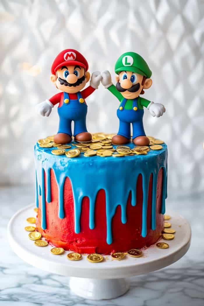 A cake with blue and red frosting, topped with two figurines wearing red and green hats, surrounded by gold coin decorations.