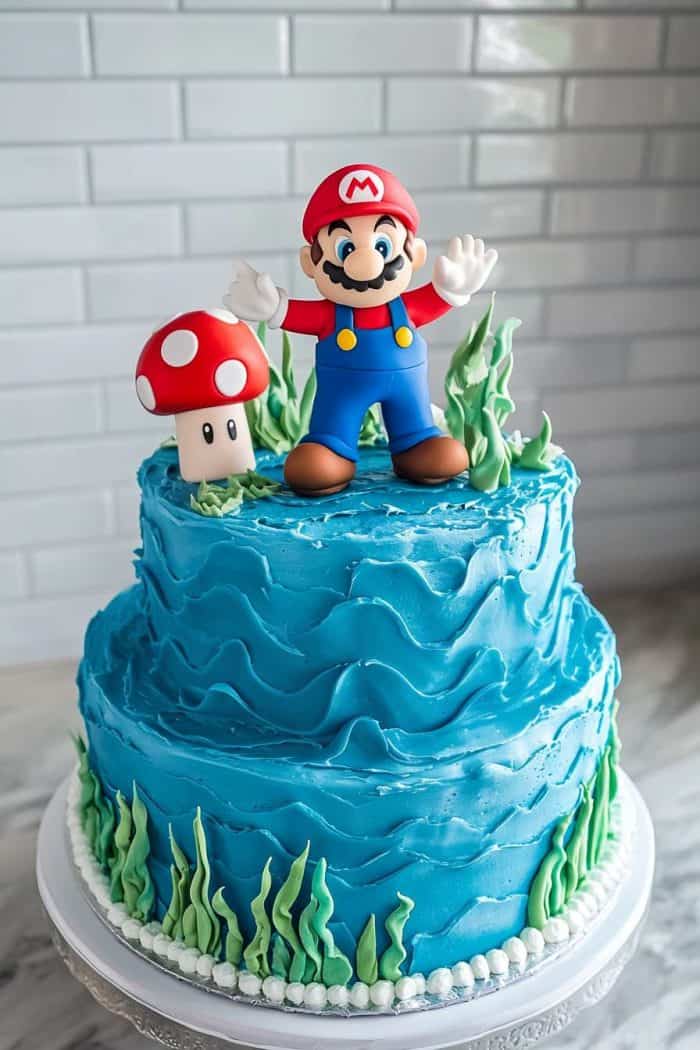 A blue frosted two-tier cake features a Mario figurine and a red mushroom topper, with green icing accents resembling grass at the base.