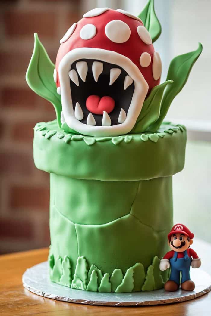 A cake designed to look like a green pipe with a red, white-spotted creature with sharp teeth emerging from it, accompanied by a small figurine of a character in red and blue overalls.