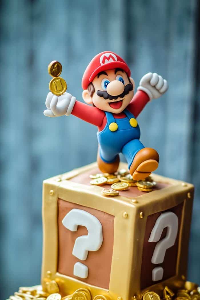 A figurine of a character in red overalls and cap, standing on a large block with question marks, holding a coin, surrounded by small coins.