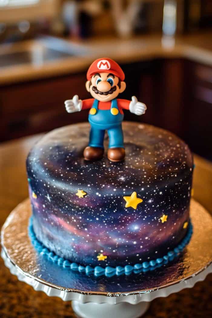 A round cake with a galaxy-themed design and a Mario figurine on top, decorated with stars.