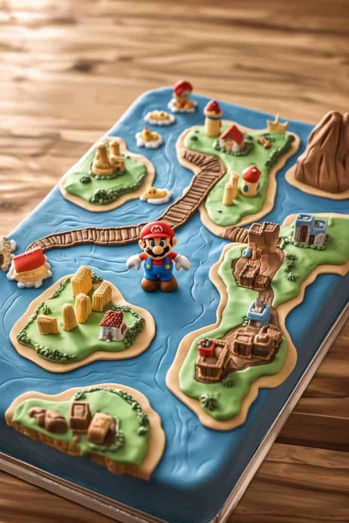 A cake decorated with a theme resembling a video game world, featuring a figure standing on a detailed map with various landmasses, bridges, and buildings.