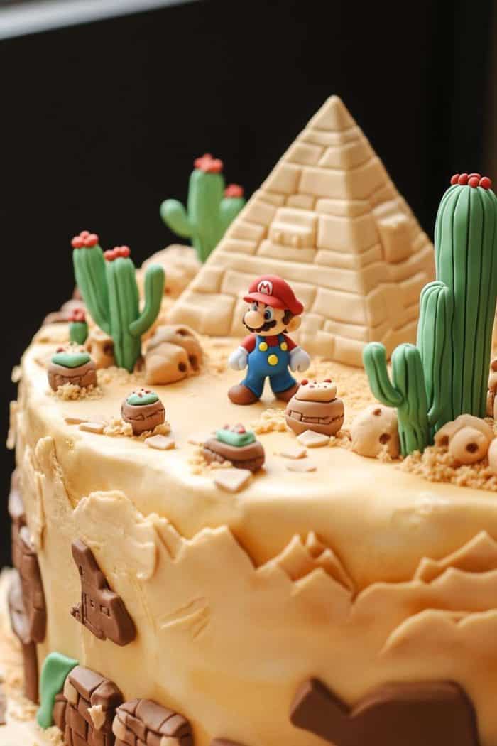 A cake decorated with a desert scene featuring cacti, a pyramid, and a figurine of a video game character in a red hat and blue overalls.