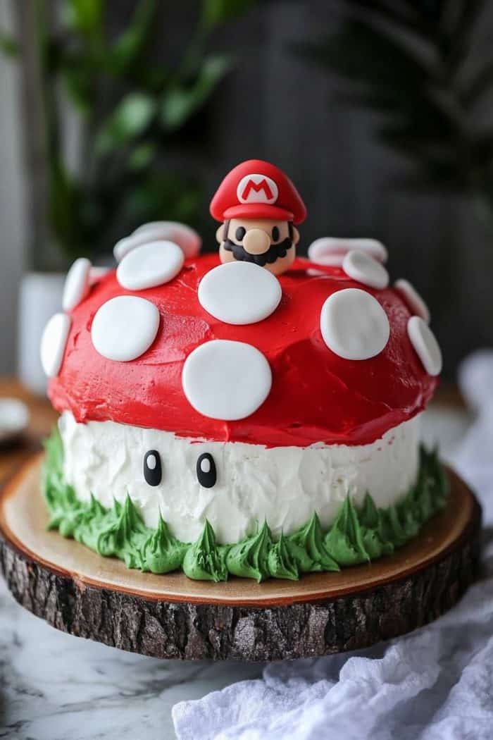A cake decorated to resemble a red and white mushroom from Mario, with a Mario figure on top, set on a wooden platter.