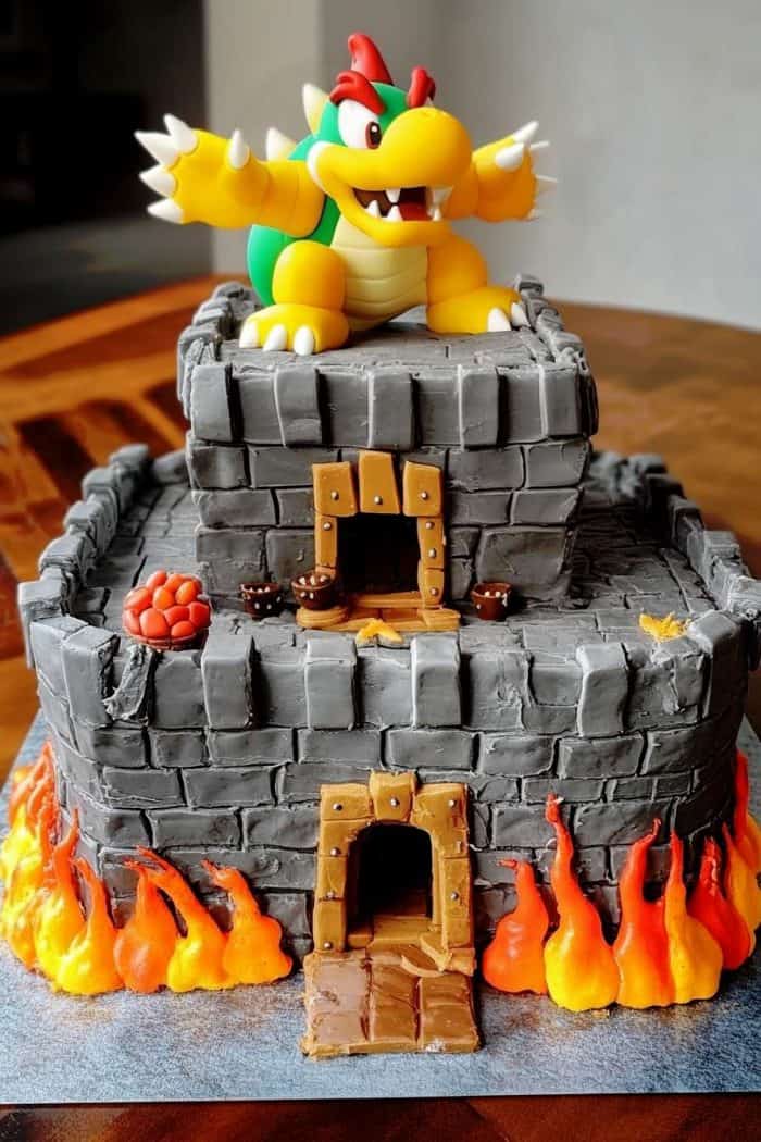 A multi-tiered, brick-design cake with flames at the base and topped with a figure of a cartoon dragon-like character.