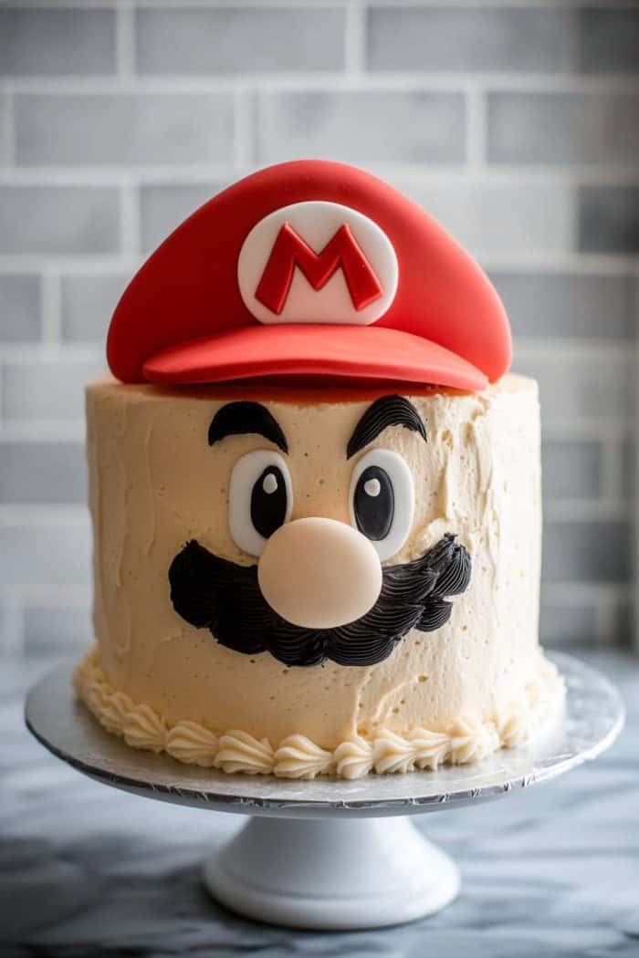 A round cake with vanilla frosting is decorated with a face and hat resembling a cartoon character, featuring a red hat with an "M" emblem, eyes, mustache, and a nose.