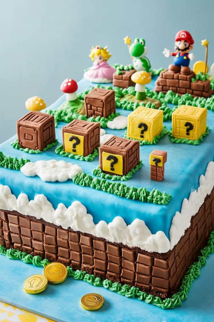A two-tier, blue cake decorated with Super Mario themed fondant figures, including Mario, Princess Peach, Yoshi, mushrooms, bricks, and question blocks. Three gold coins are placed beside the cake.