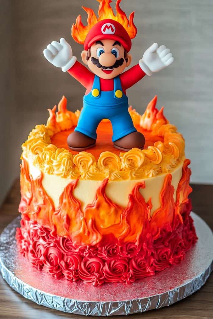 A multi-tiered cake decorated with red and yellow frosting resembling flames, topped with a figurine of a character in a red hat and blue overalls with arms raised.