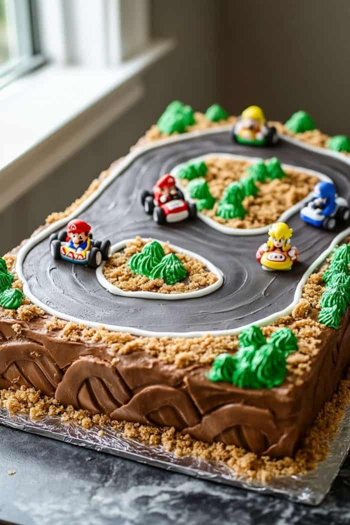 A rectangular cake designed as a racing track with toy race cars and icing decorations resembling grass and dirt.