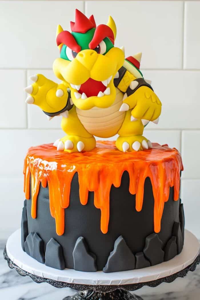 A cake featuring a detailed sculptural topper of the character Bowser from the Mario series, with lava-like orange icing cascading down the sides over a black base.