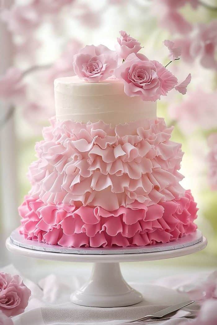 An elegant cake featuring a pink ruffle design, with layers of ruffles crafted from either fondant or buttercream cascading down the sides in various shades of pink. The soft, flowing ruffles create a sense of movement and texture, making this cake a stunning centerpiece for any event. Perfect for weddings, anniversaries, or birthdays, this ruffled masterpiece is sure to impress.
