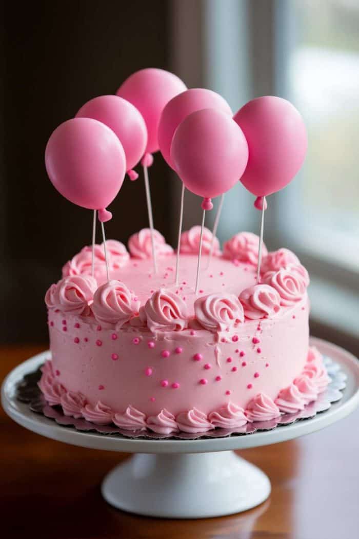A playful pink balloon cake featuring a smooth layer of buttercream icing. Small, edible balloons made from pink fondant or gum paste are arranged on top, with whimsical 'strings' created from edible materials. This festive design adds a fun touch to celebrations, making it perfect for birthdays, baby showers, or any event where a whimsical element is desired.