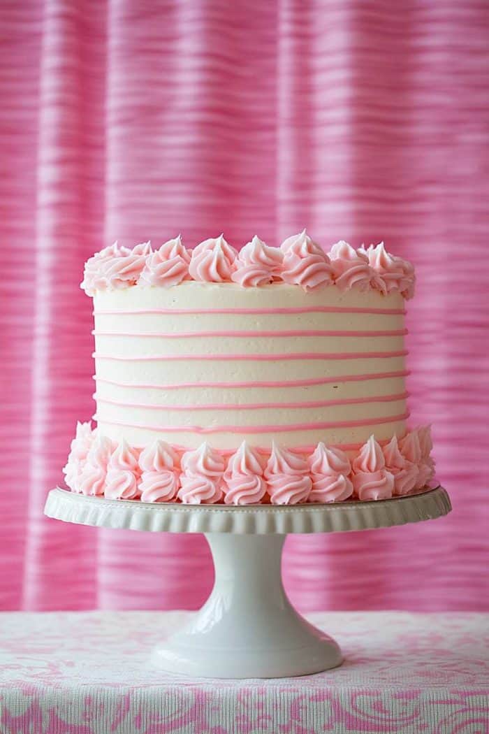A simple yet striking pink striped cake featuring a smooth layer of white buttercream icing. Alternating layers of pink and white buttercream are piped around the sides of the cake to create a bold striped effect. The clean lines and contrasting colors make this cake a visually appealing centerpiece, perfect for any celebration where a classic yet eye-catching design is desired.