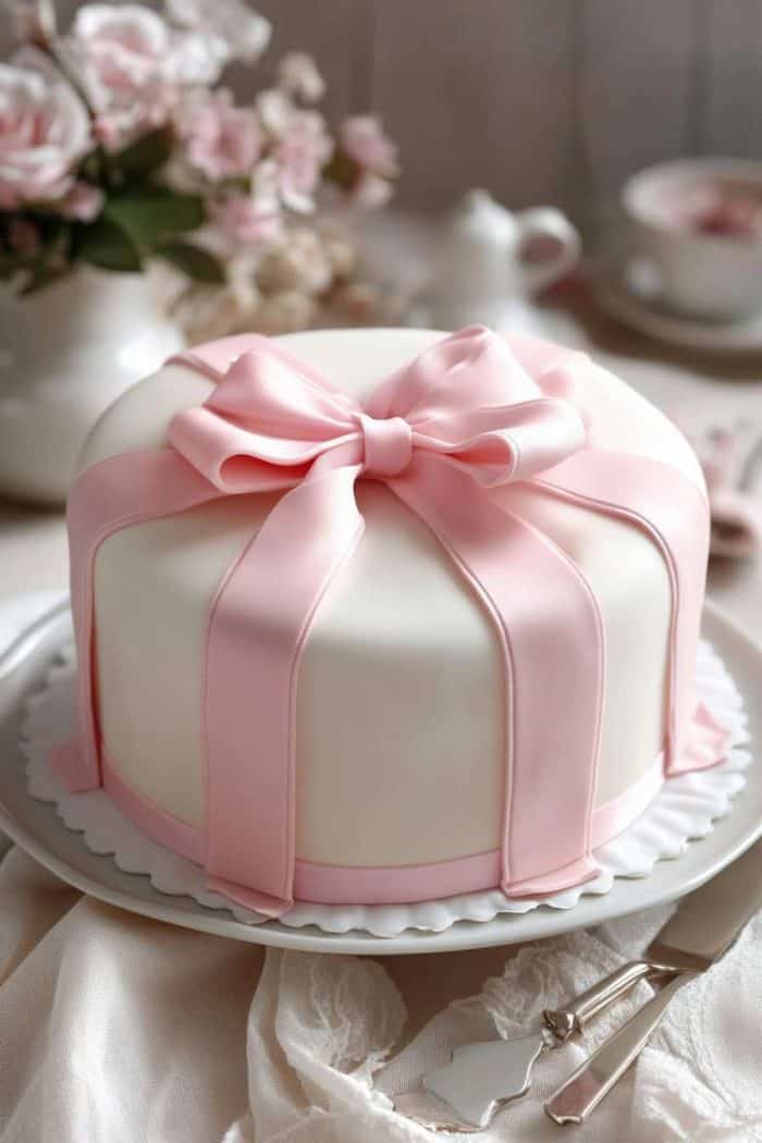 An elegant cake adorned with pink ribbon decorations, featuring a smooth layer of buttercream or fondant. Pink fondant is crafted into ribbon-like decorations that wrap around the cake, tied into bows at intervals. The delicate ribbons and bows add a sophisticated charm, making this cake perfect for weddings, bridal showers, or any event where a refined decorative touch is desired.