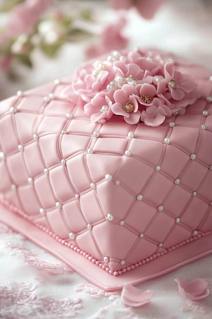 A cozy and elegant pink quilt design cake covered with a smooth layer of fondant. A quilting tool is used to create a quilted pattern across the surface, with small edible pearls placed at the intersections of the quilted lines to mimic the look of a stitched quilt. This design adds a warm and sophisticated touch, perfect for any celebration.