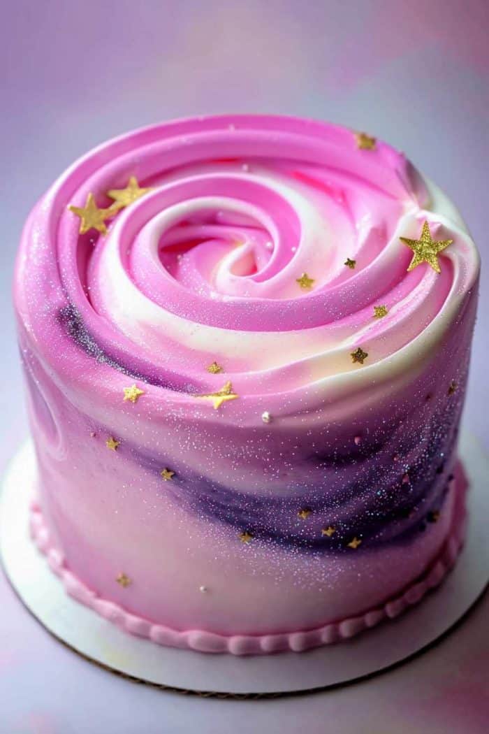 A celestial masterpiece cake featuring a pink galaxy design, iced with a smooth layer of buttercream. Different shades of pink are applied using an airbrush to create a swirling galaxy effect. Edible stars and a sprinkle of glitter enhance the celestial theme, making the cake resemble a stunning night sky.