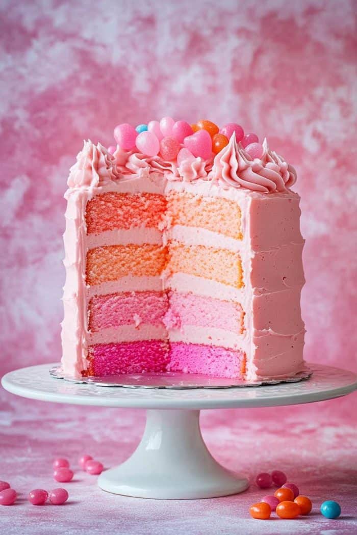 A vibrant pink rainbow cake featuring sponge cakes baked in various shades of pink, from light blush to deep rose, layered to create a beautiful gradient effect. The entire cake is frosted with a smooth layer of light pink buttercream. Topped with a rainbow assortment of pink candies, including jelly beans, gummies, and sprinkles, this cake adds a burst of color to any dessert table.