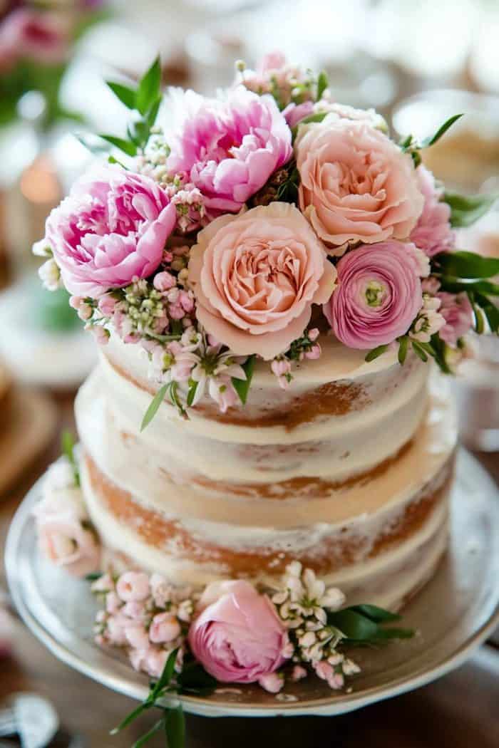 A rustic elegant pink floral naked cake, featuring minimal frosting that allows some of the cake layers to peek through. The cake is adorned with fresh pink flowers and sprigs of greenery, creating a charming and sophisticated look. This design is perfect for weddings or garden parties, showcasing the natural beauty of the flowers alongside the simplicity of the naked cake.
