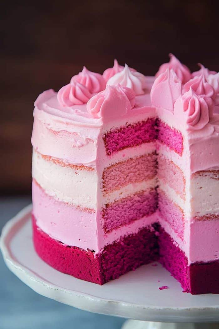 A pink ombre layer cake featuring sponge cakes baked in varying shades of pink, from soft blush to deep rose, stacked to create a stunning gradient effect. The cake is finished with smooth buttercream frosting that mirrors the ombre transition. This visually striking cake serves as a centerpiece at any celebration, delighting both the eyes and the taste buds.