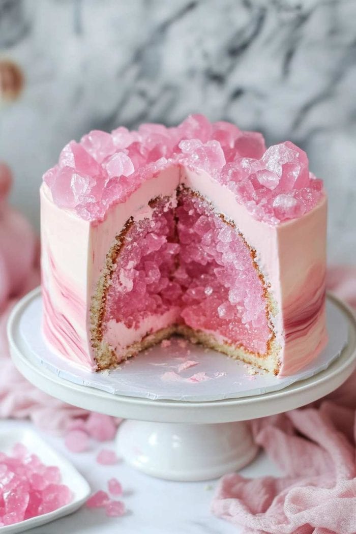 A stunning pink geode cake featuring carved-out sections filled with pink rock candy to mimic the appearance of a sparkling geode. The rest of the cake is covered with marbled pink fondant, enhancing the natural, stone-like effect. This unique and eye-catching cake is perfect for making a bold statement at any event.