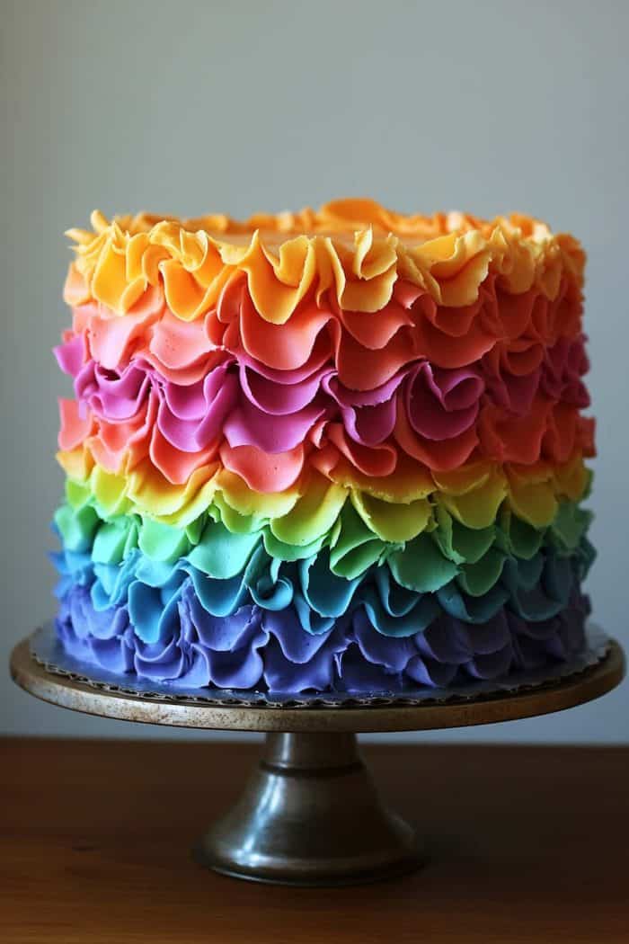 Both elegant and colorful, this cake features buttercream ruffles in rainbow colors made using a petal tip. The layered ruffles create a beautiful, textured effect with a touch of sophistication, making it ideal for more formal celebrations where you still want to inject a bit of fun and color.
