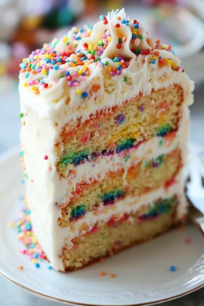 Bring a burst of fun to your celebration with a rainbow confetti cake. Mix rainbow-colored confetti sprinkles into your cake batter to achieve this playful design. Once baked, frost the cake with a simple layer of vanilla buttercream and add even more sprinkles!