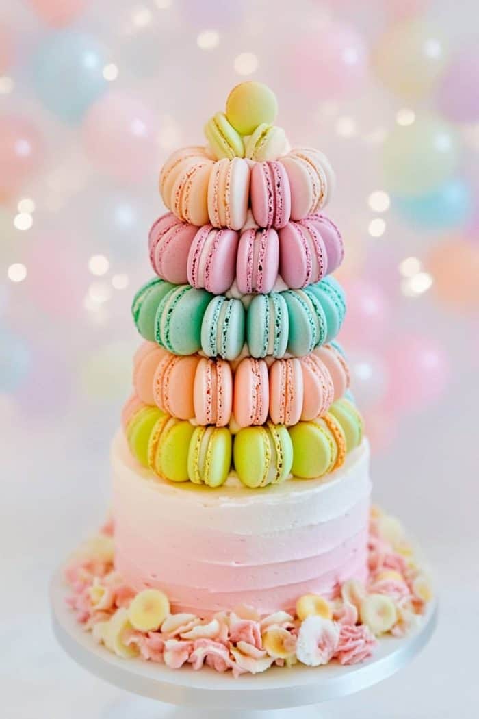 Elevate your dessert game with a rainbow macaron tower cake, which features carefully arranged rainbow-colored macarons in a cascading pattern. This elegant and eye-catching centerpiece combines the sophistication of French pastries with pastel rainbow colors, making it perfect for weddings, bridal showers, or any upscale event.