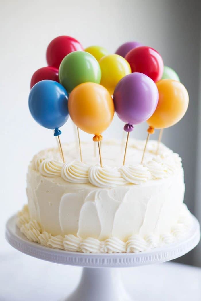 Add a playful and festive touch to your cake with a cluster of rainbow-colored balloon toppers. Whether edible or non-edible, these toppers can be arranged in a cheerful cluster to give the impression of a celebratory bouquet.