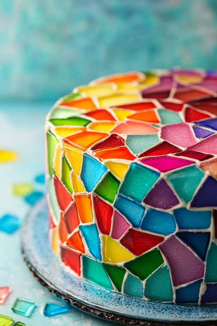 Transform your cake into a work of art with a stained glass effect. This can be achieved with sugar glass, which is made by melting sugar and coloring it with food dye. Once it hardens, break it into small, irregular pieces. Arrange these colorful shards on the cake's exterior to mimic the look of stained glass.