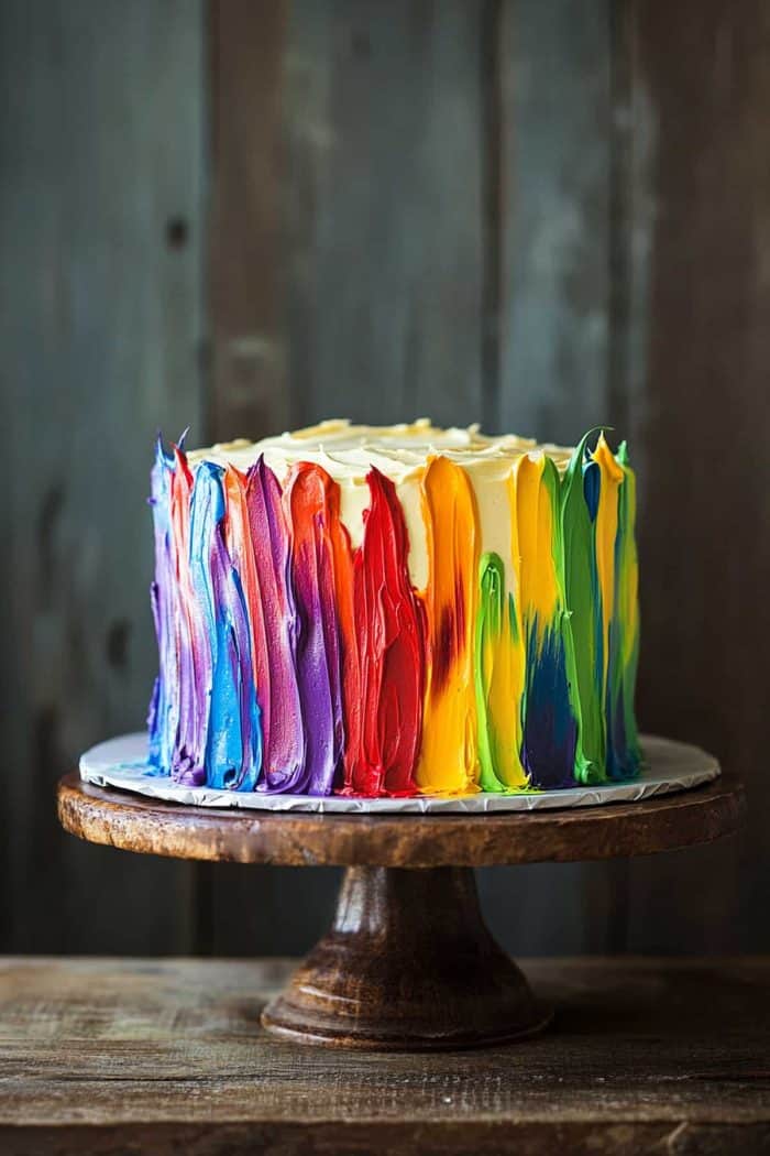 Unleash your inner artist with edible buttercream brushstrokes in bright rainbow hues! Remember to start with a frosted white cake for a simple, easy-to-decorate canvas. Also, use a pastry brush to create a realistic brushstroke effect for a vibrant, artistic masterpiece!