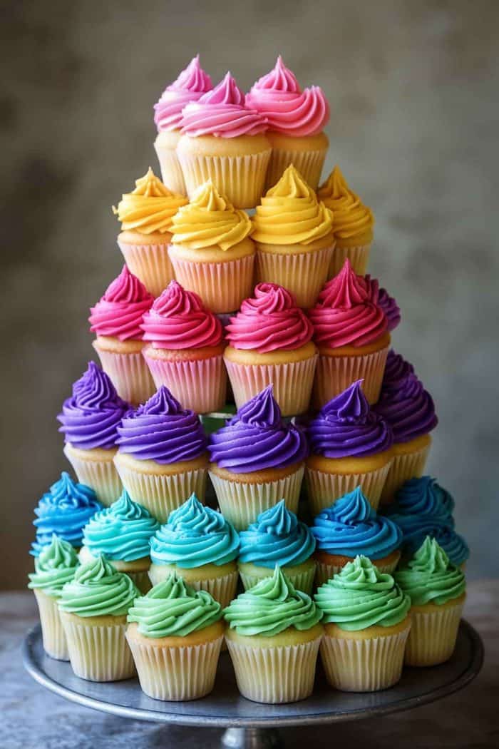 Elevate your dessert presentation with a rainbow cupcake tower. Bake a batch of cupcakes, then decorate them with frosting in different rainbow colors and various flavors. Arrange the cupcakes in a tiered tower. Not only does it look impressive, but it also offers variety for guests.