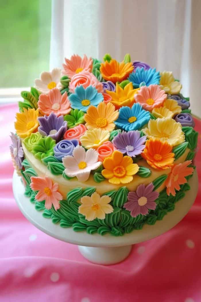 Transform your cake into a lush, vibrant garden by adding fondant flowers in every color of the rainbow. Cover the entire surface of the cake with these colorful blooms. This design is perfect for spring celebrations, garden parties, or any event where you want to bring a touch of nature indoors.