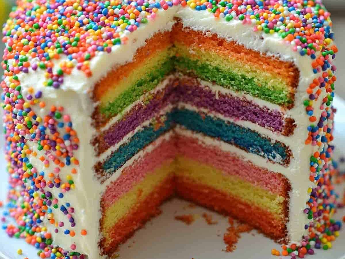 Want to add a touch of fun and excitement to your celebration? Decorating a white cake with an explosion of rainbow sprinkles is the way to go. The real magic happens when you slice into the cake to reveal layers of rainbow-colored goodness inside!