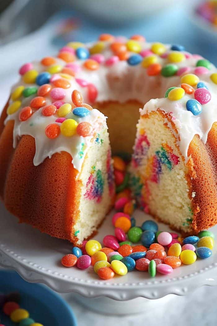 If you want to turn a classic Bundt cake into a delightful treat, add rainbow candies to the batter. Top it off with a luscious vanilla glaze, then fill the center with more rainbow candies or sprinkles. When sliced, the candies will spill out for an exciting surprise!