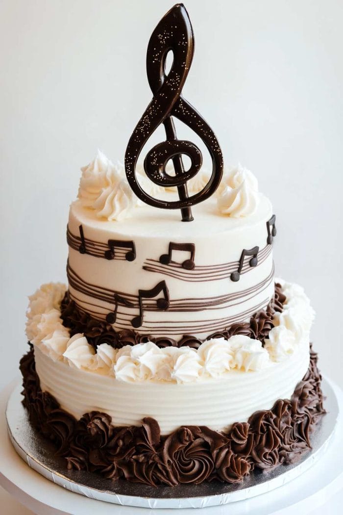 A music-themed cake designed for a retiree with a passion for music, covered in a smooth layer of fondant in classic white or black. Fondant musical notes and a large treble clef cascade down the sides, adding a dynamic touch. The base is a rich chocolate cake layered with mocha buttercream, providing a harmonious flavor. Edible gold or silver dust highlights the musical elements, making them shine like a true maestro's performance.
