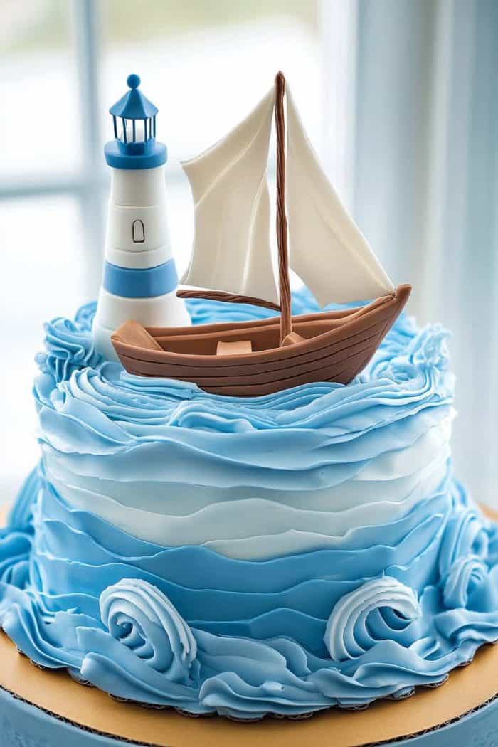 A nautical-themed cake designed for a retiree ready to embark on maritime adventures, featuring a base of light and airy lemon cake with blueberry filling for fresh sea-inspired flavors. The top is decorated with a fondant sailboat, complete with billowing sails, surrounded by waves made from blue-tinted buttercream or fondant. A fondant lighthouse stands tall on a rocky shore, adding to the charming seaside scene.