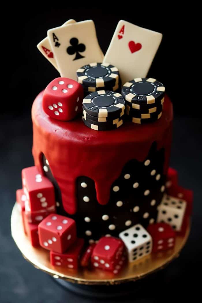 A casino-themed cake designed for a retiree who enjoys the thrill of casino games, featuring a base of rich chocolate cake layered with smooth, velvety ganache for an indulgent treat. The top is decorated with fondant playing cards fanned out in a winning hand, stacked poker chips, and a pair of dice ready to roll. This cake is sure to be a jackpot hit at any retirement celebration.