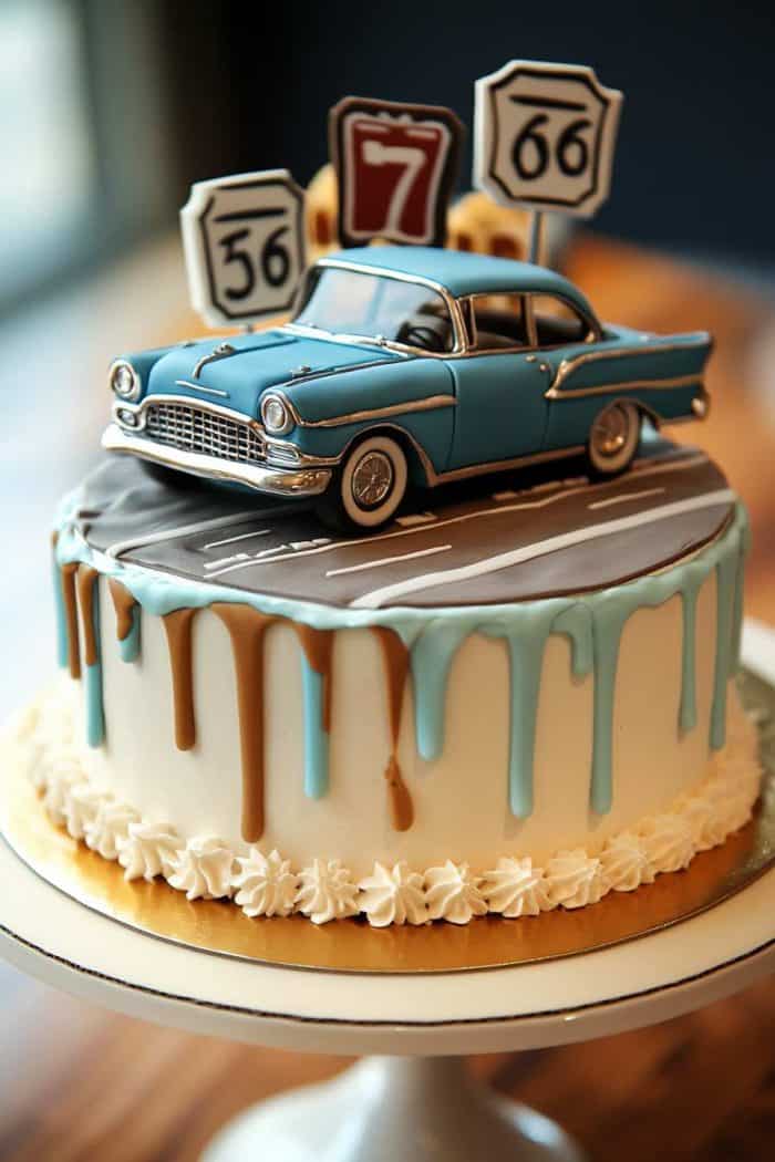 A classic car-themed cake designed for a retiree who loves vintage automobiles, featuring a base of rich, moist chocolate cake layered with smooth caramel filling for an indulgent treat. The top is decorated with a meticulously detailed fondant vintage car, complete with chrome accents and whitewall tires. Surrounding the car are fondant road signs like Route 66 and a highway backdrop painted with edible food colors, enhancing the nostalgic theme.