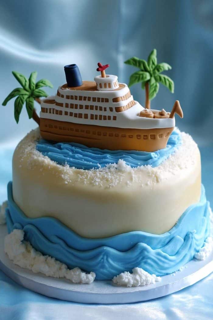 A cruise ship-themed cake designed for a retiree eager for future adventures, featuring a base of light and airy coconut cake layered with pineapple cream filling for a tropical flavor experience. The top is adorned with a fondant cruise ship, complete with detailed decks, portholes, and a smokestack. Surrounding the ship are blue-tinted buttercream waves and fondant tropical islands with palm trees and sandy beaches, creating a vibrant and inviting scene.