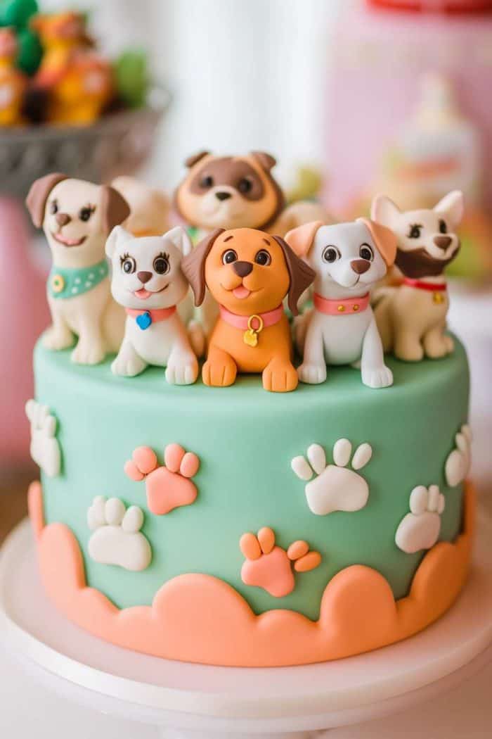 A delightful pet-themed cake celebrating a retiree's love for their furry friends, featuring a base of moist vanilla cake layered with refreshing strawberry filling. The cake is covered in fondant and decorated with adorable fondant pets, including dogs, cats, and birds, each showcasing unique expressions. Fondant paw prints trail across the cake, complemented by tiny fondant pet accessories like collars, bones, and toys, creating a charming and playful design.