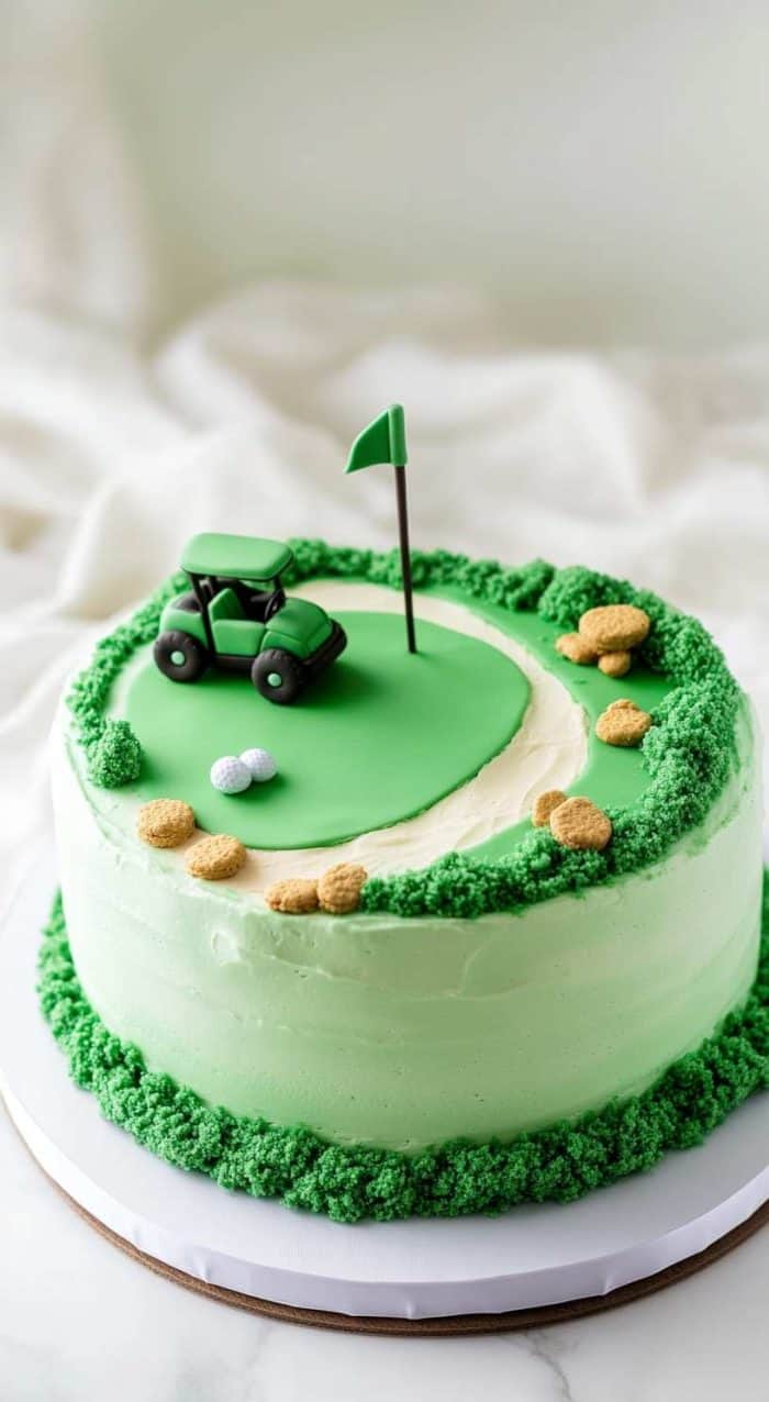 A delightful cake designed for a golf-loving retiree, resembling a mini golf course with a lush green fondant surface. The cake features a tiny fondant golf cart, a flagpole, and sand traps made from crushed graham crackers. The base is a classic vanilla sponge layered with green-tinted vanilla buttercream, keeping the theme cohesive and festive.
