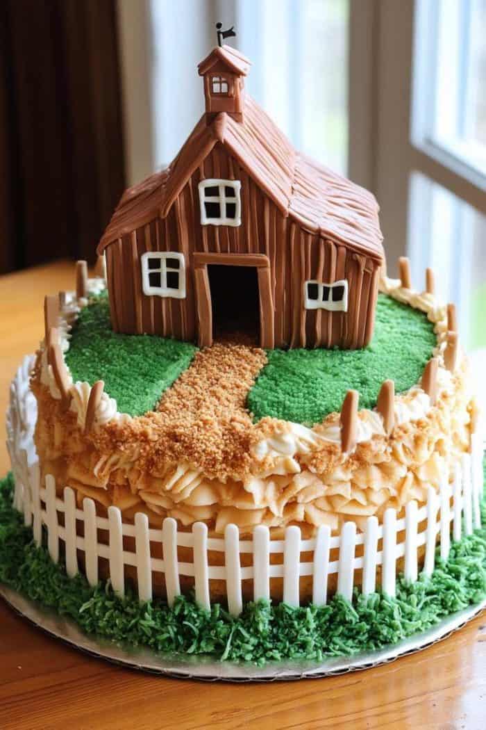 A farm-themed cake designed for a retiree connected to farm life, featuring a base of spiced apple cake layered with cinnamon buttercream to evoke warm, rustic flavors. The top is decorated with a fondant barn complete with tiny windows and a weather vane. Green-tinted coconut flakes create a grassy field, while crushed graham crackers form a dirt path. A white picket fence is piped with royal icing around the cake’s base, adding a charming countryside touch.